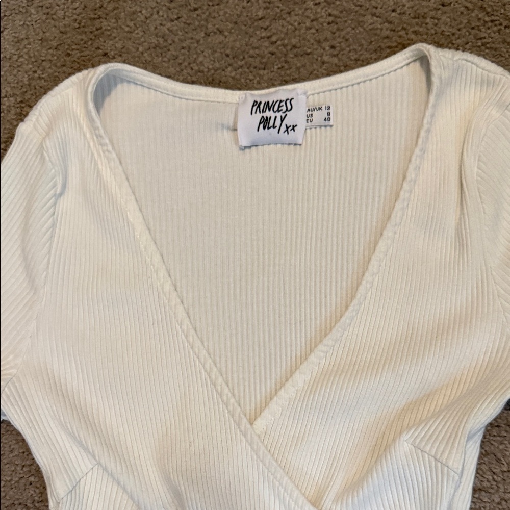 Princess Polly Cream Ribbed Ruched Blouse - Picture 4 of 5